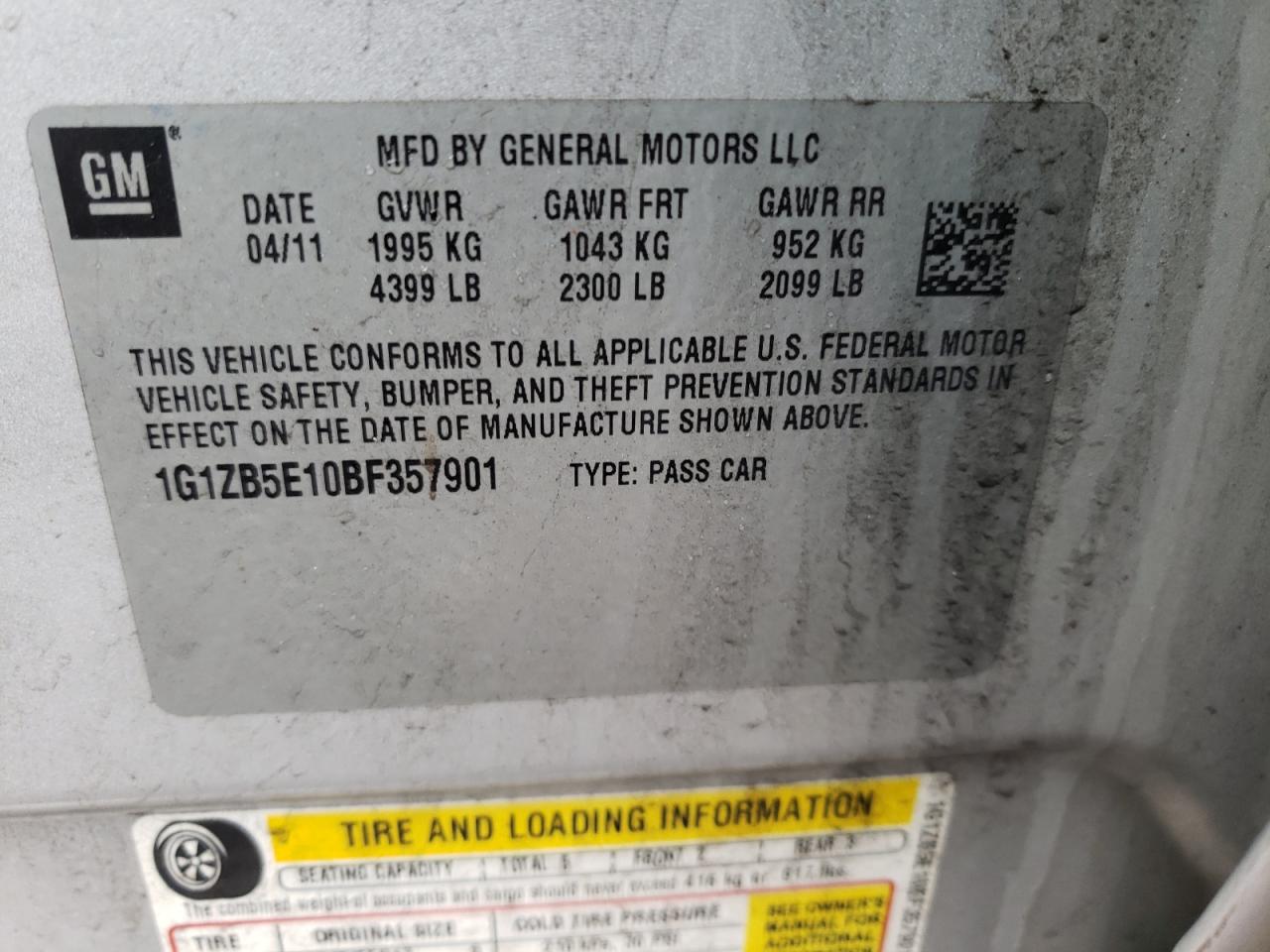Photo 10 from auction – 2011 CHEVROLET MALIBU LS with VIN 1G1ZB5E10BF357901