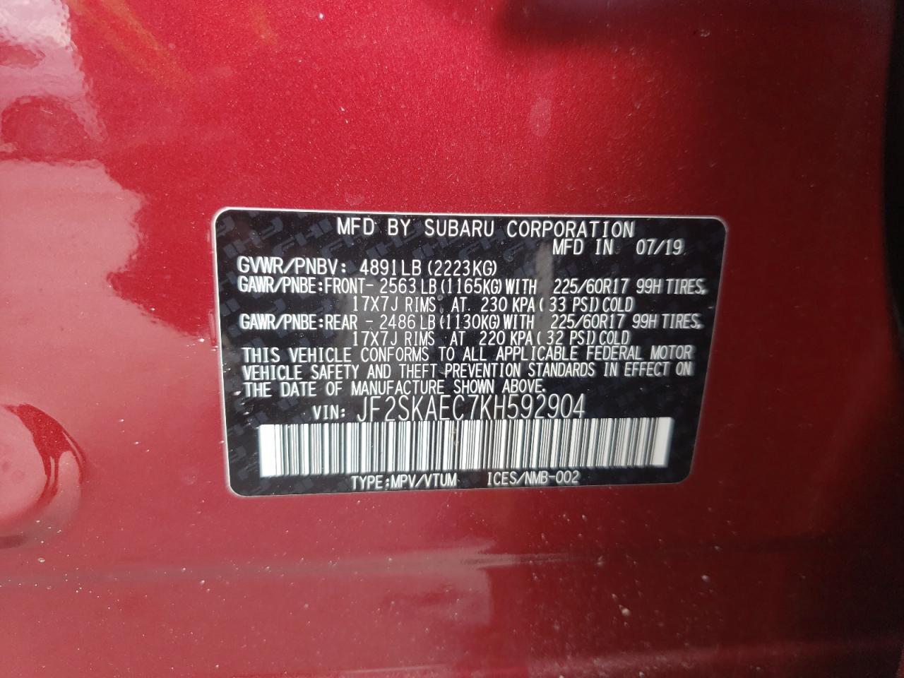 Photo 10 from auction – 2019 SUBARU FORESTER P with VIN JF2SKAEC7KH592904