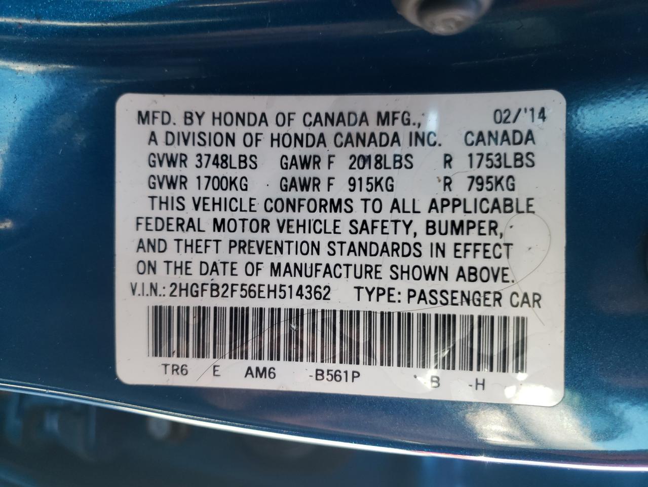 Photo 10 from auction – 2014 HONDA CIVIC LX with VIN 2HGFB2F56EH514362