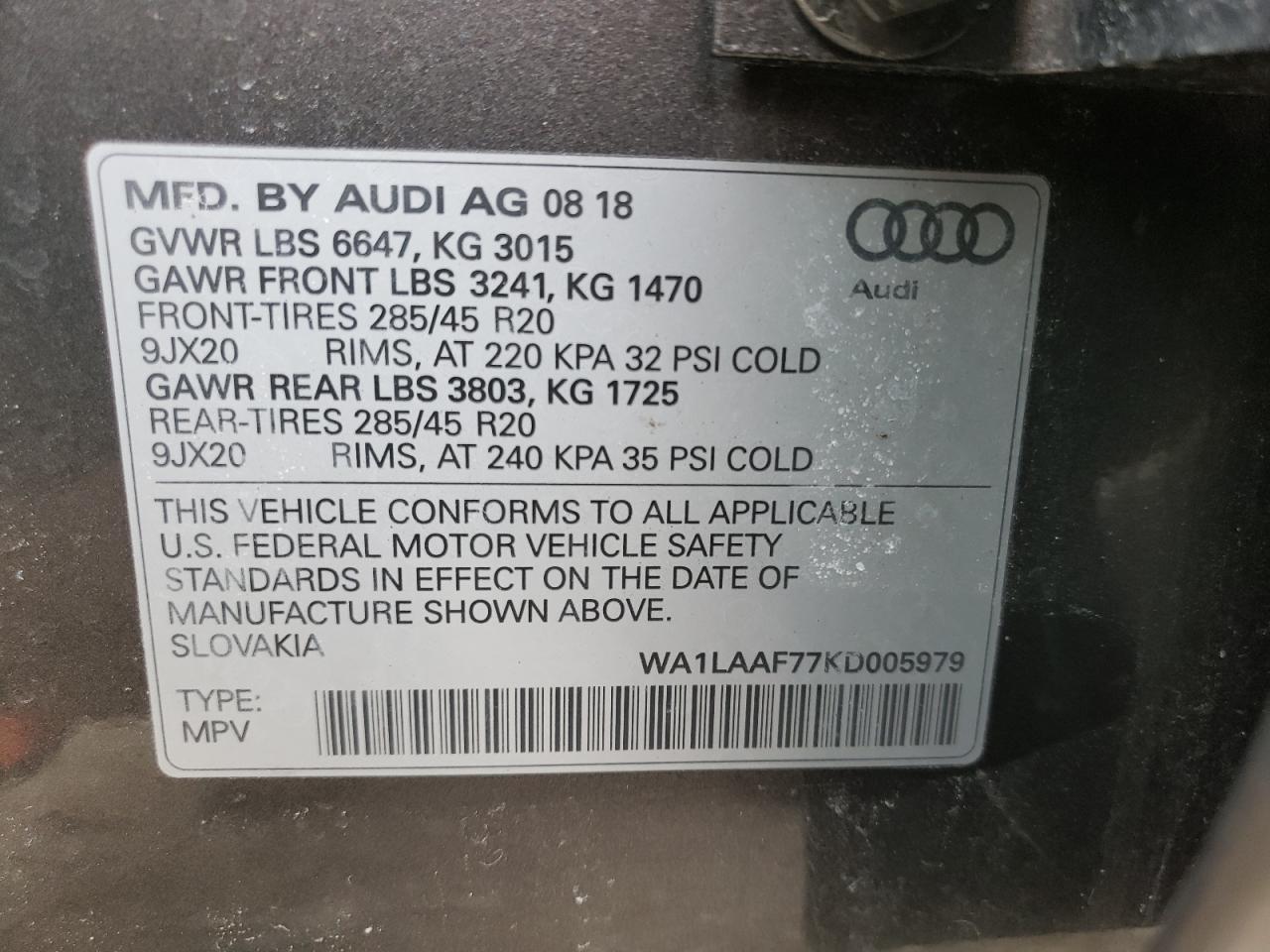 Photo 10 from auction – 2019 AUDI Q7 PREMIUM with VIN WA1LAAF77KD005979