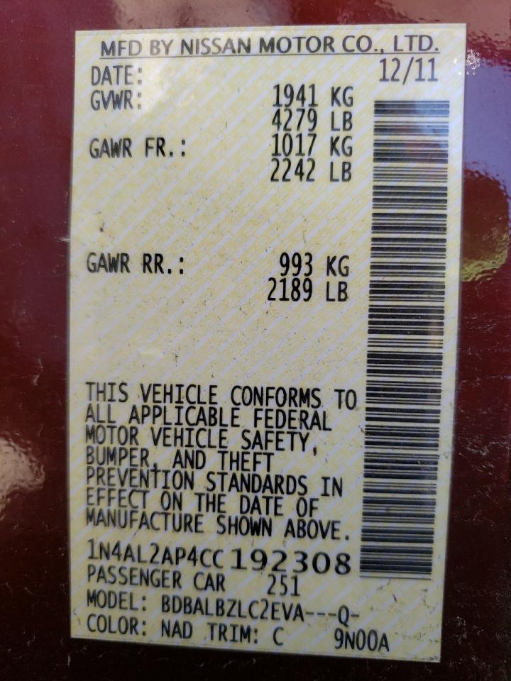 Photo 10 from auction – 2012 NISSAN ALTIMA BAS with VIN 1N4AL2AP4CC192308