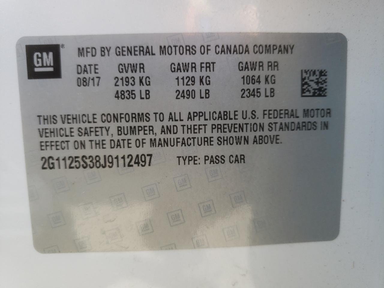Photo 10 from auction – 2018 CHEVROLET IMPALA PRE with VIN 2G1125S38J9112497