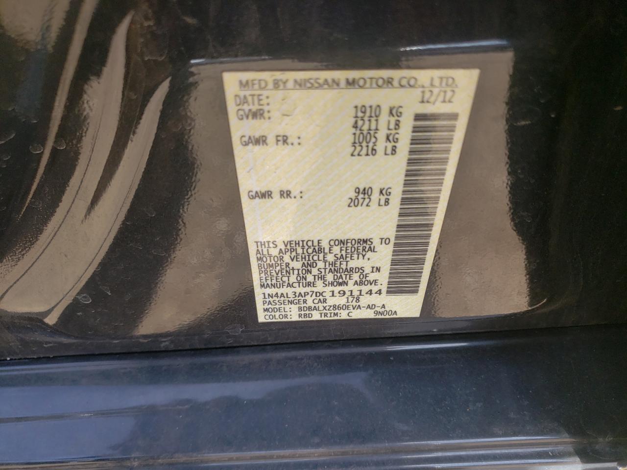Photo 10 from auction – 2013 NISSAN ALTIMA 2.5 with VIN 1N4AL3AP7DC191144