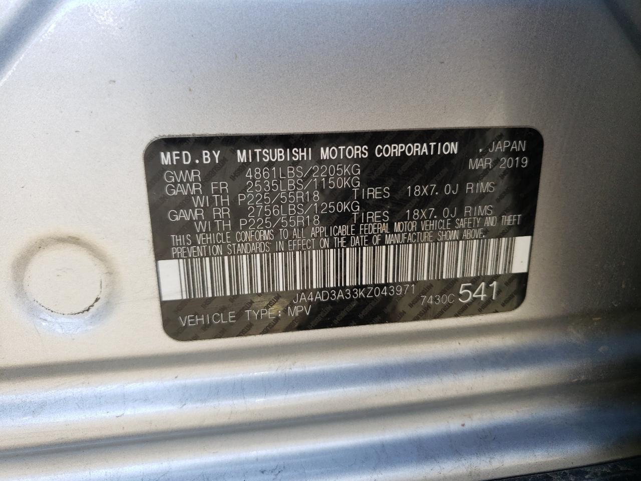 Photo 10 from auction – 2019 MITSUBISHI OUTLANDER with VIN JA4AD3A33KZ043971