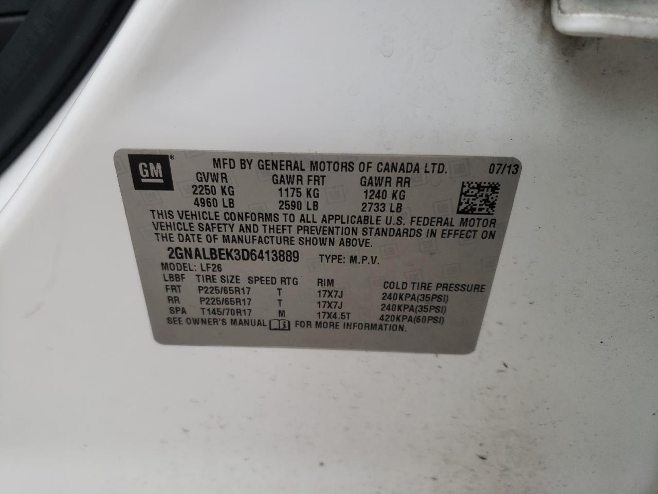 Photo 10 from auction – 2013 CHEVROLET EQUINOX LS with VIN 2GNALBEK3D6413889
