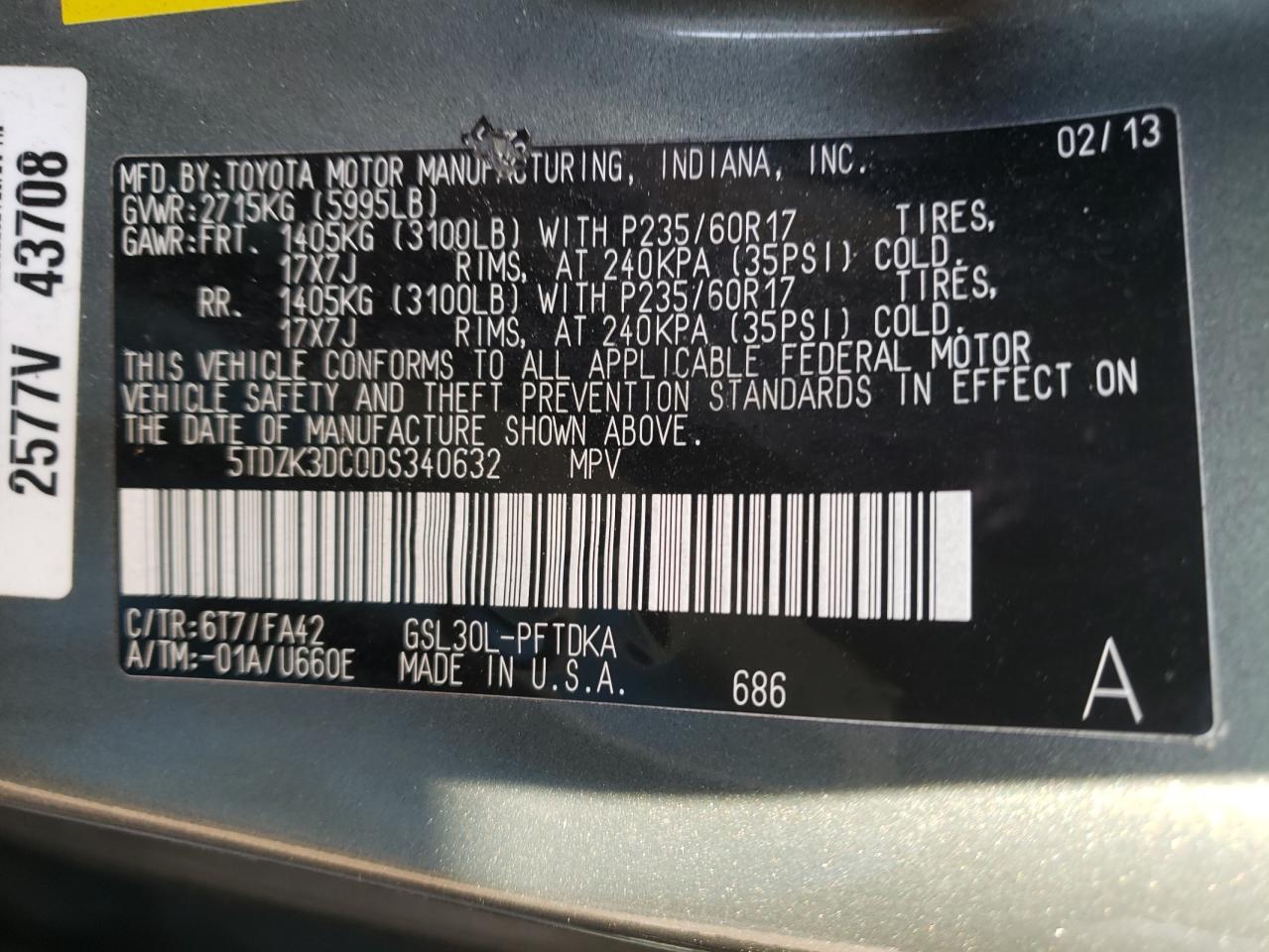Photo 10 from auction – 2013 TOYOTA SIENNA with VIN 5TDZK3DC0DS340632