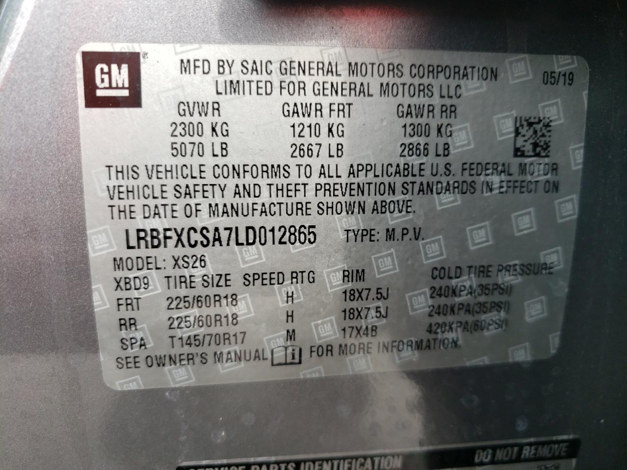 Photo 10 from auction – 2020 BUICK ENVISION E with VIN LRBFXCSA7LD012865