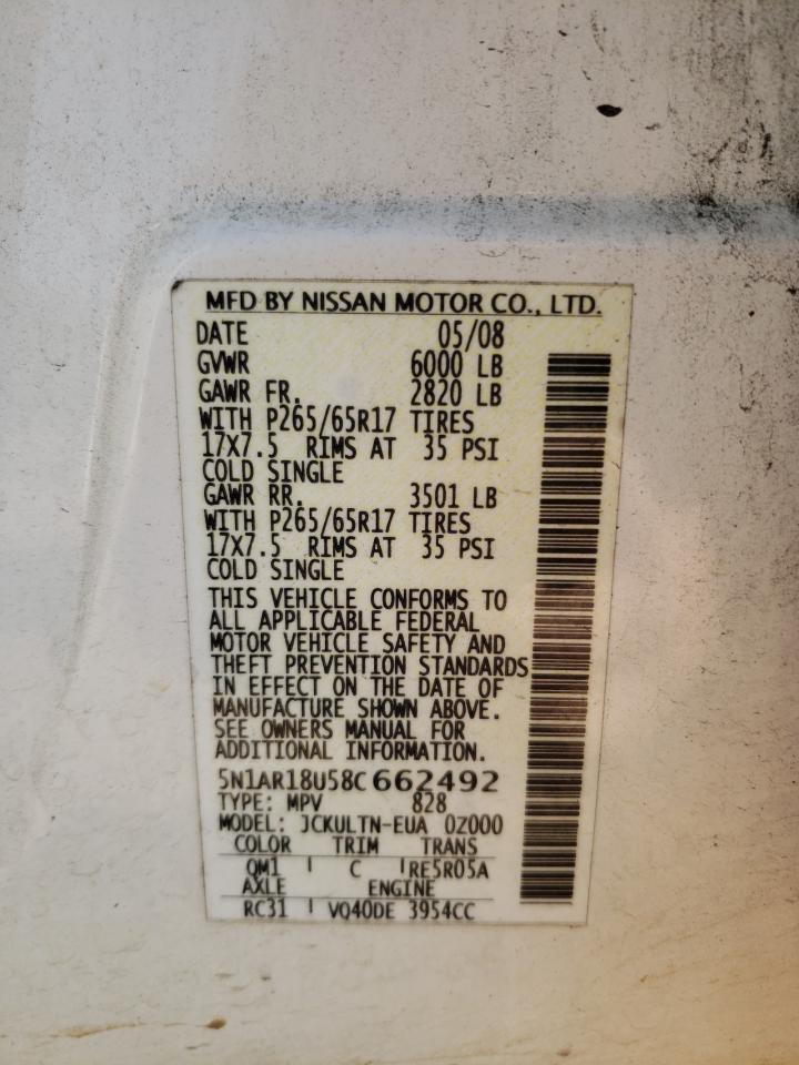 Photo 10 from auction – 2008 NISSAN PATHFINDER with VIN 5N1AR18U58C662492