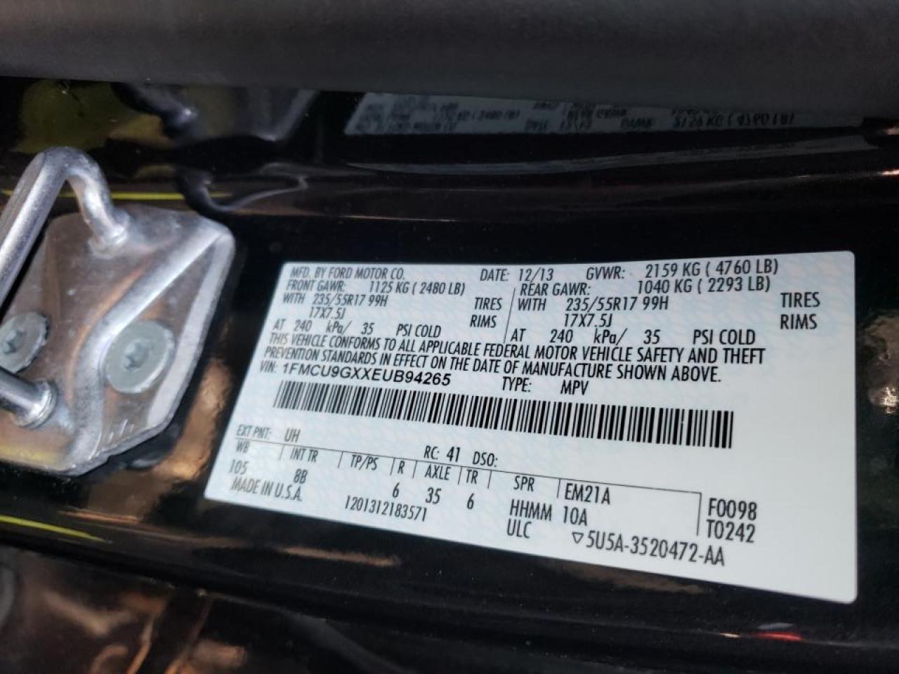 Photo 10 from auction – 2014 FORD ESCAPE SE with VIN 1FMCU9GXXEUB94265