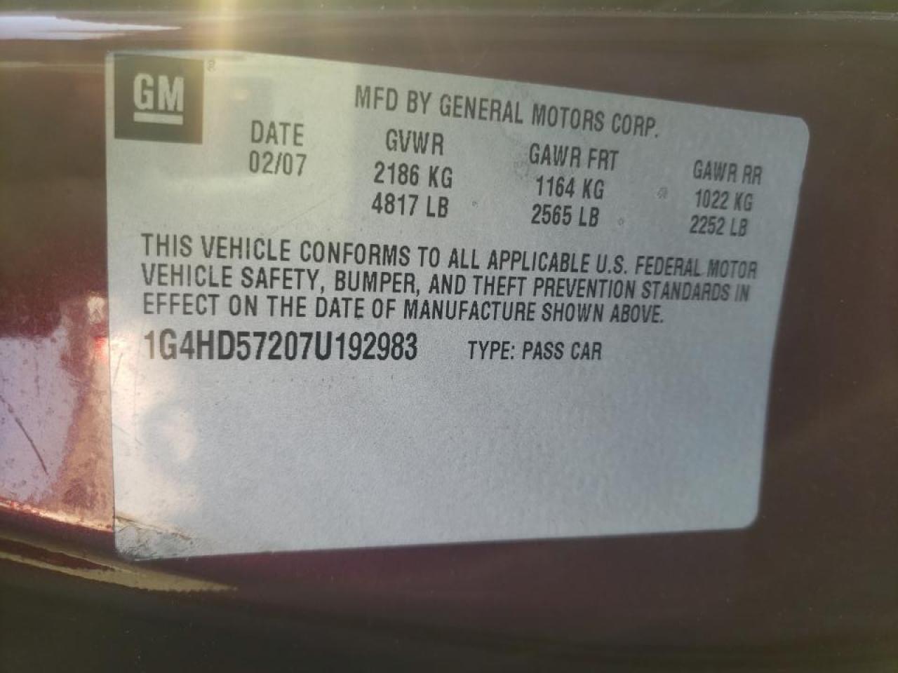 Photo 10 from auction – 2007 BUICK LUCERNE CX with VIN 1G4HD57207U192983