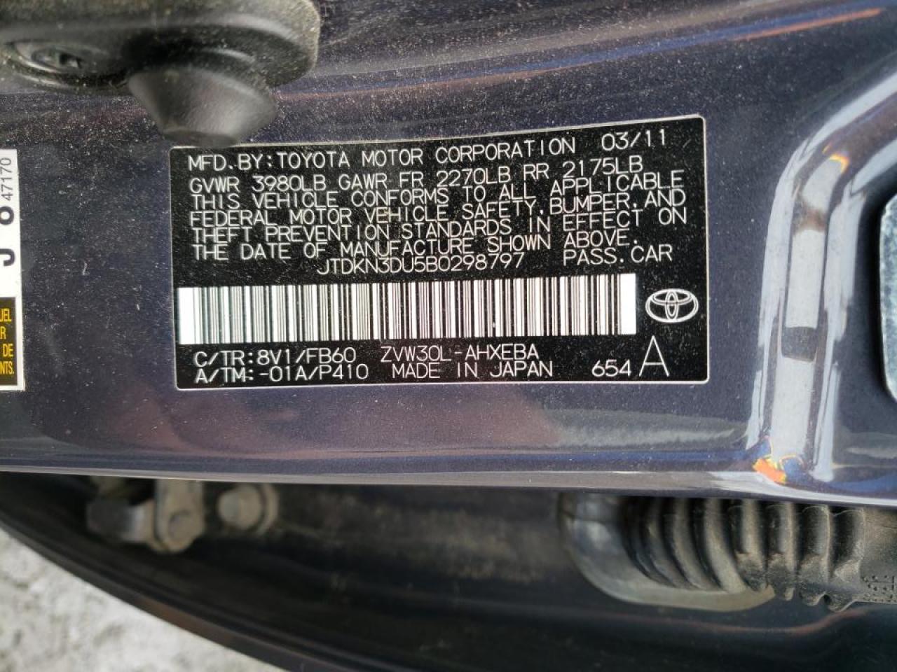 Photo 10 from auction – 2011 TOYOTA PRIUS with VIN JTDKN3DU5B0298797