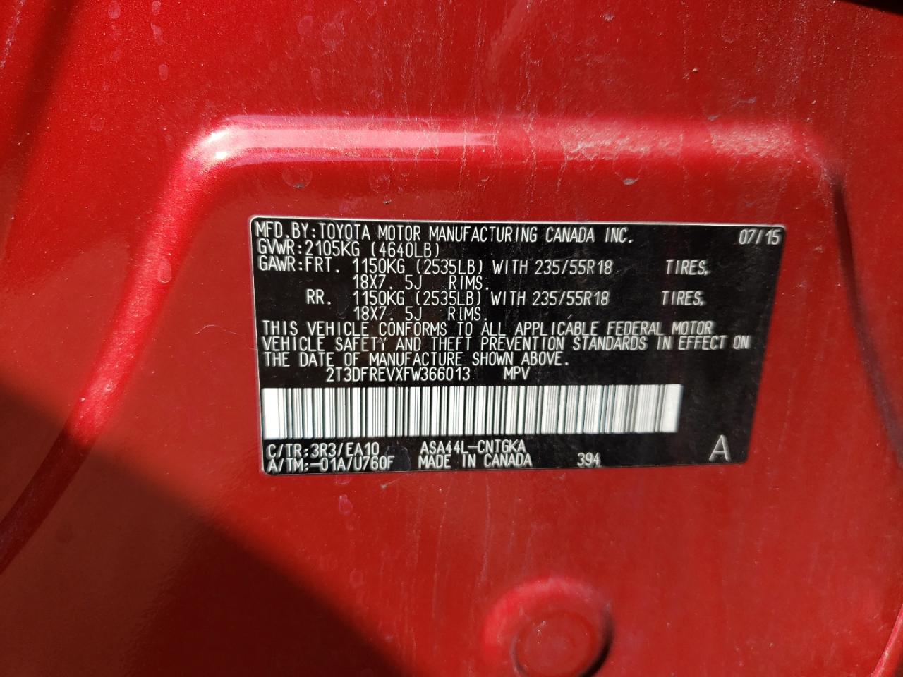 Photo 10 from auction – 2015 TOYOTA RAV4 LIMIT with VIN 2T3DFREVXFW366013