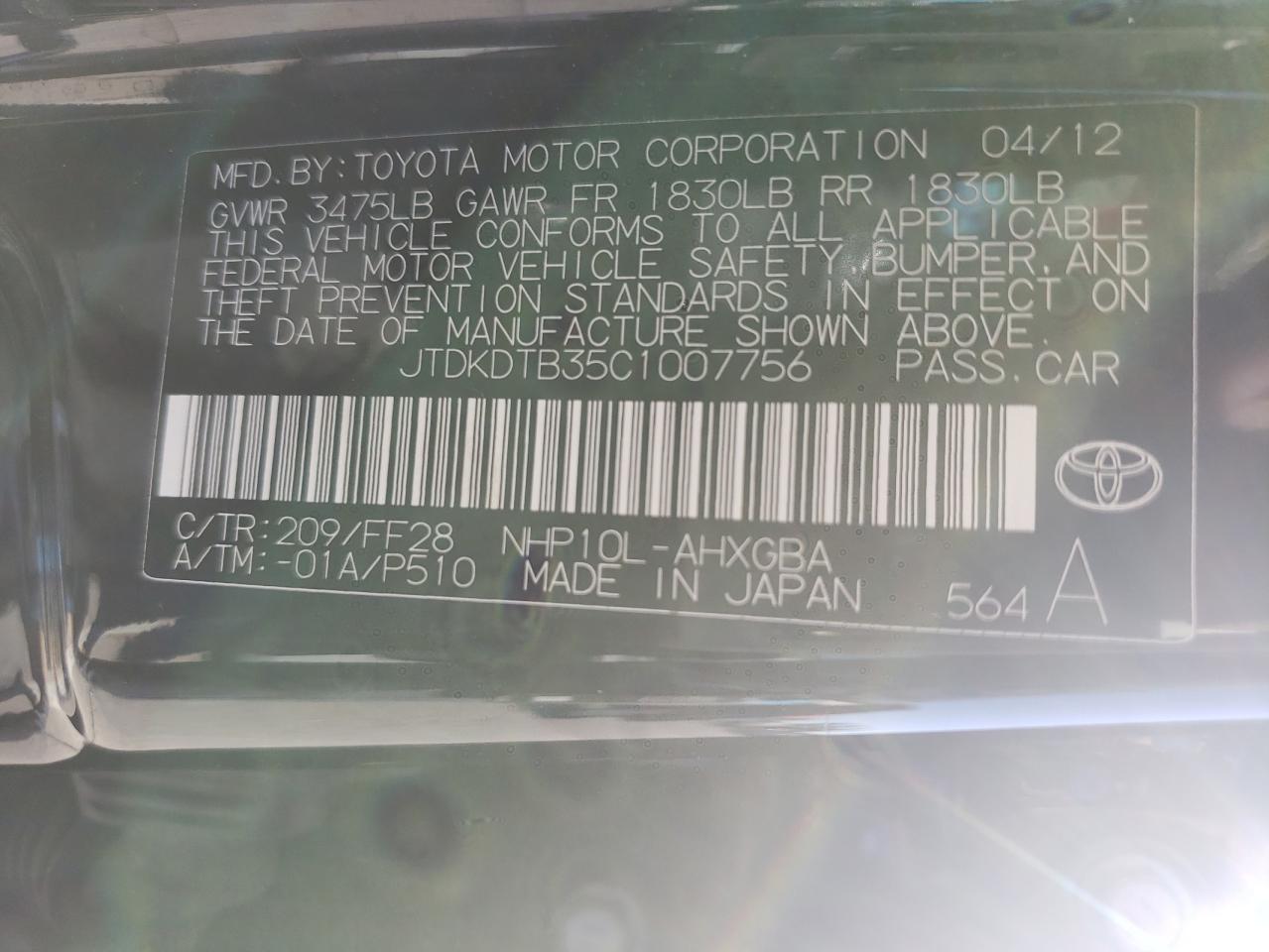 Photo 10 from auction – 2012 TOYOTA PRIUS C with VIN JTDKDTB35C1007756