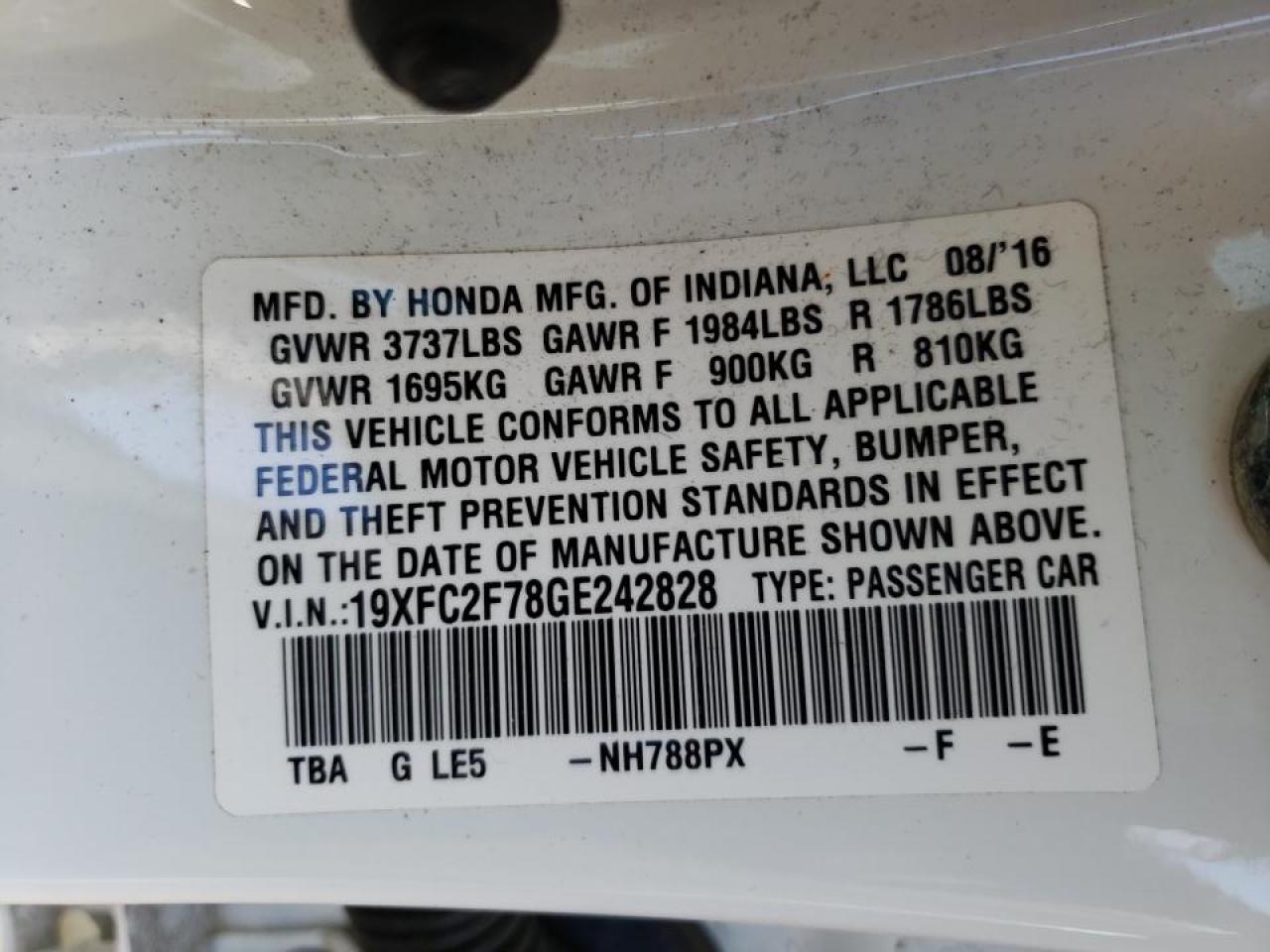 Photo 10 from auction – 2016 HONDA CIVIC EX with VIN 19XFC2F78GE242828