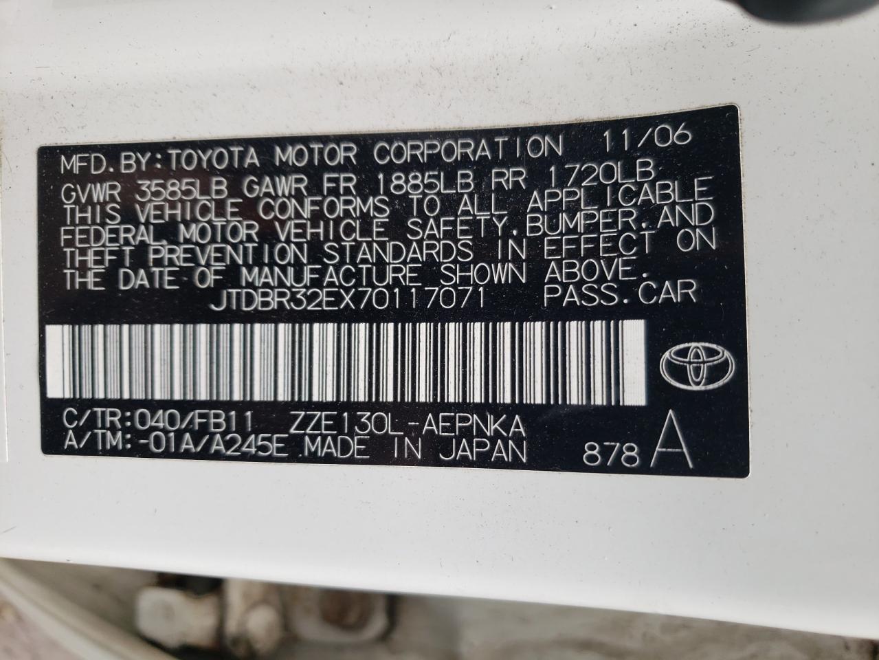 Photo 10 from auction – 2007 TOYOTA COROLLA CE with VIN JTDBR32EX70117071