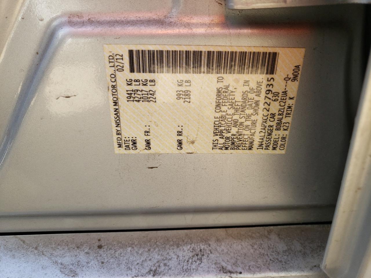 Photo 10 from auction – 2012 NISSAN ALTIMA BAS with VIN 1N4AL2APXCC227935