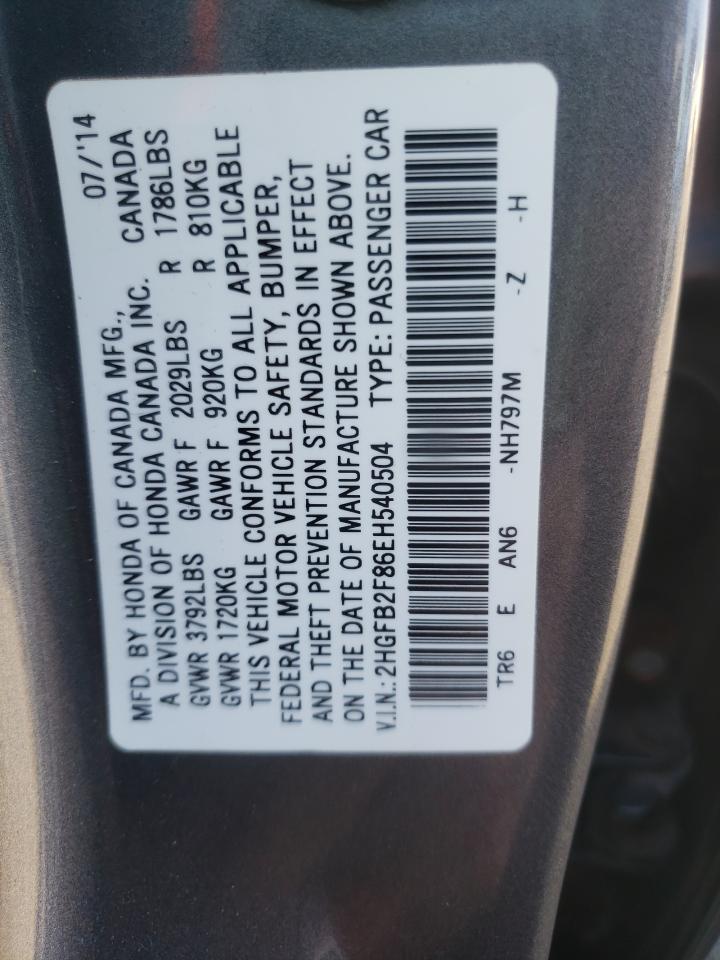 Photo 10 from auction – 2014 HONDA CIVIC EX with VIN 2HGFB2F86EH540504