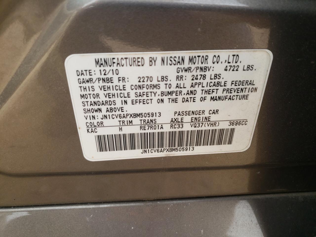 Photo 10 from auction – 2011 INFINITI G37 BASE with VIN JN1CV6APXBM505913
