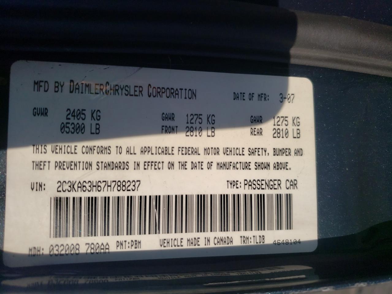 Photo 10 from auction – 2007 CHRYSLER 300C with VIN 2C3KA63H67H788237