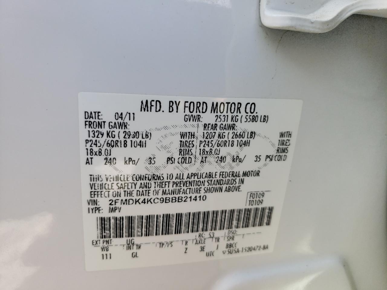 Photo 10 from auction – 2011 FORD EDGE LIMIT with VIN 2FMDK4KC9BBB21410