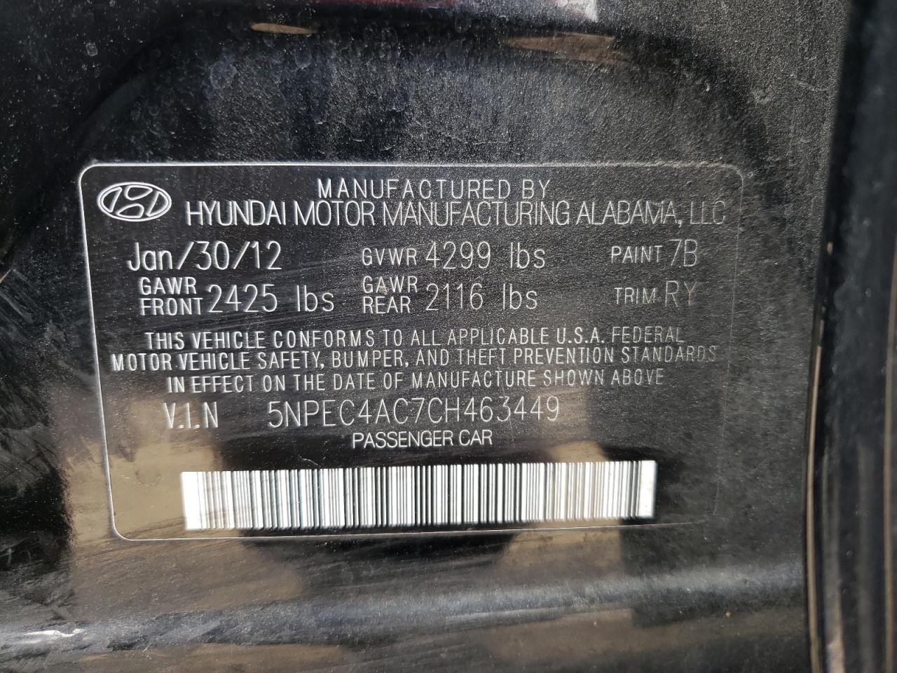 Photo 10 from auction – 2012 HYUNDAI SONATA SE with VIN 5NPEC4AC7CH463449