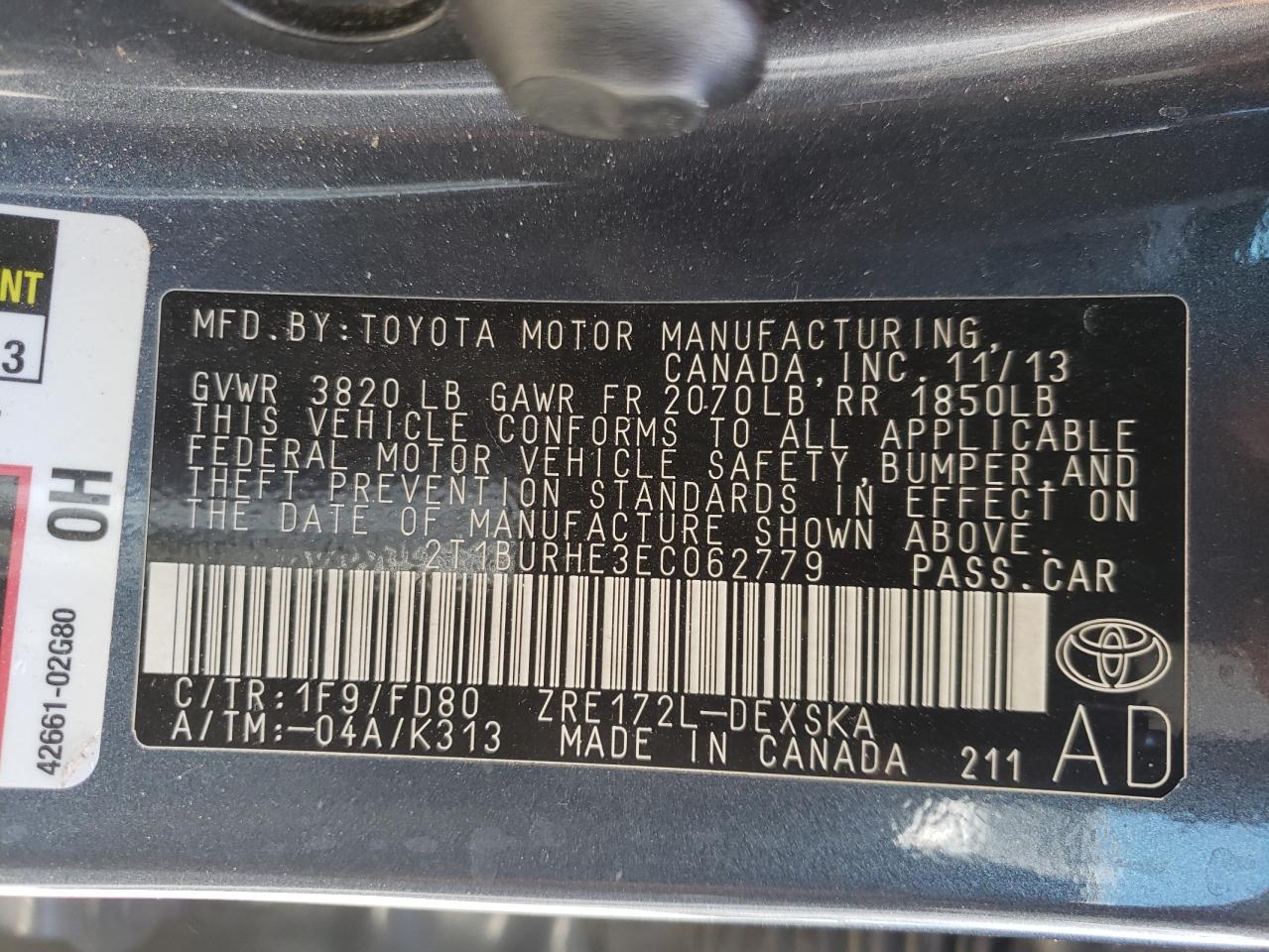 Photo 10 from auction – 2014 TOYOTA COROLLA L with VIN 2T1BURHE3EC062779
