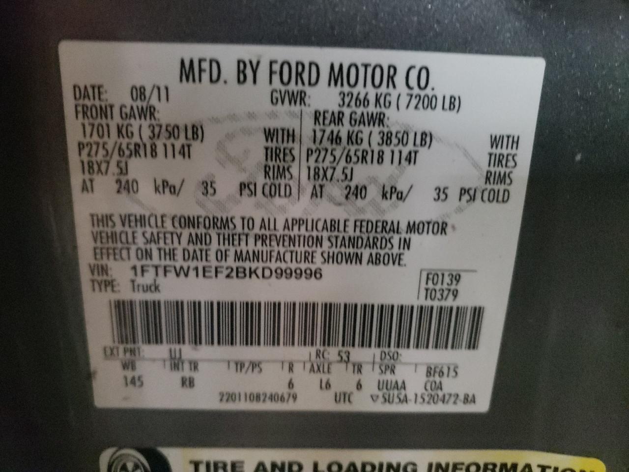 Photo 10 from auction – 2011 FORD F150 SUPER with VIN 1FTFW1EF2BKD99996