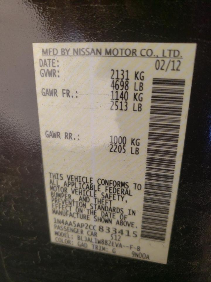 Photo 10 from auction – 2012 NISSAN MAXIMA S with VIN 1N4AA5AP2CC833415
