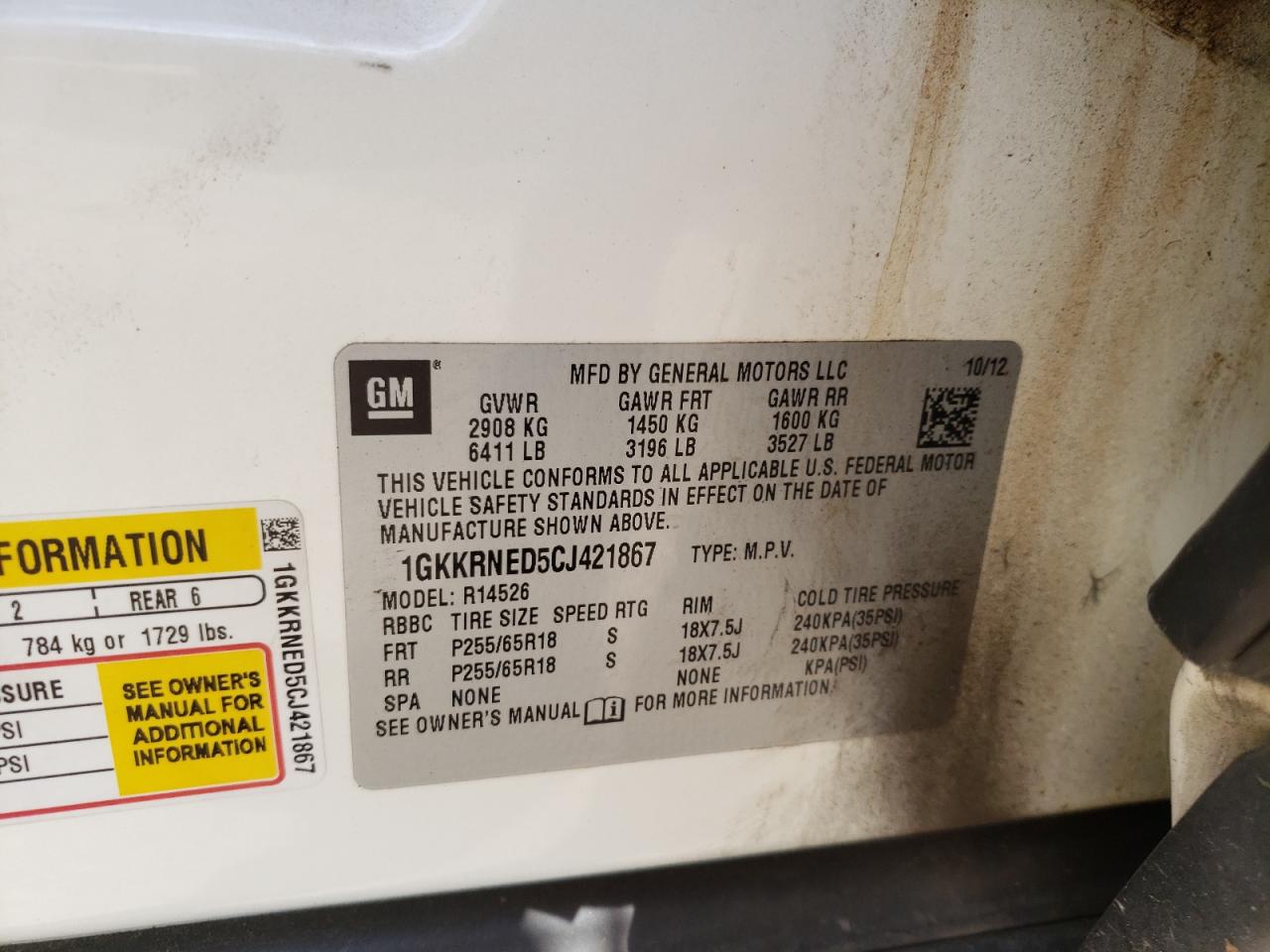 Photo 10 from auction – 2012 GMC ACADIA SLE with VIN 1GKKRNED5CJ421867