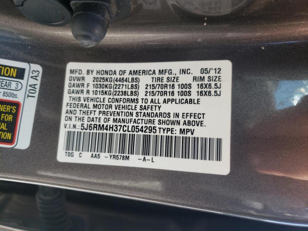 Photo 10 from auction – 2012 HONDA CR-V LX with VIN 5J6RM4H37CL054295