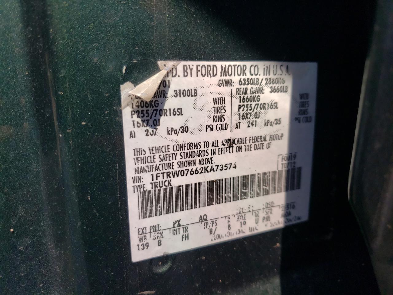Photo 10 from auction – 2002 FORD F150 SUPER with VIN 1FTRW07662KA73574