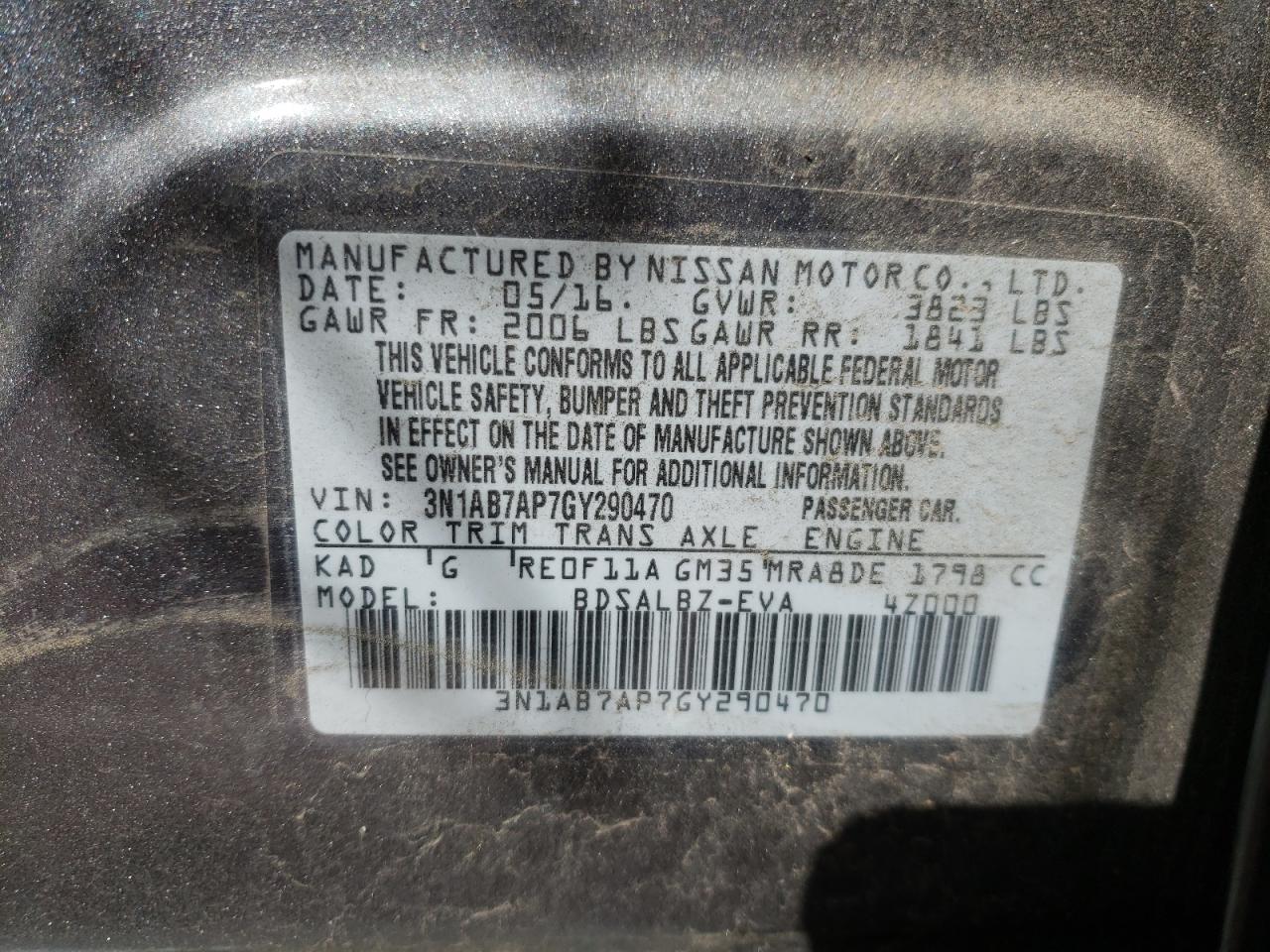 Photo 10 from auction – 2016 NISSAN SENTRA S with VIN 3N1AB7AP7GY290470
