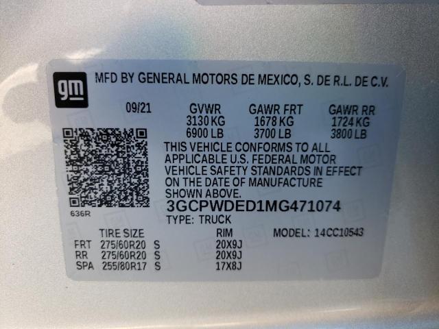 Foto 10 de la subasta – 2021 CHEVROLET SILVERADO con VIN 3GCPWDED1MG471074