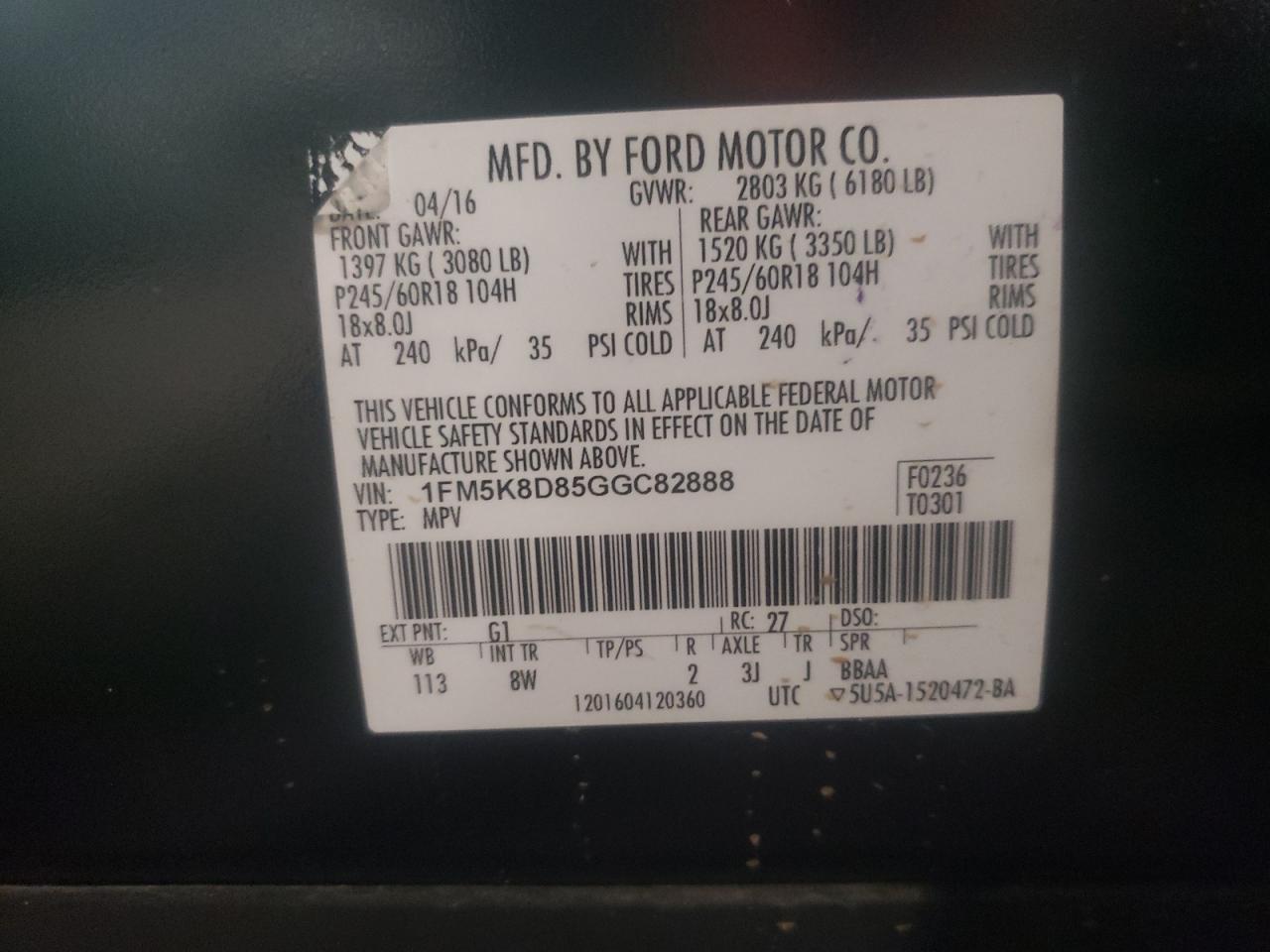 Photo 10 from auction – 2016 FORD EXPLORER X with VIN 1FM5K8D85GGC82888