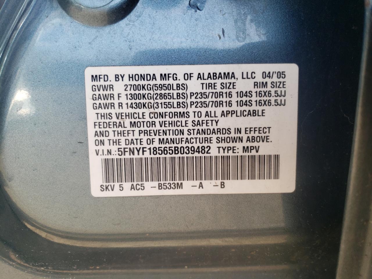Photo 10 from auction – 2005 HONDA PILOT EXL with VIN 5FNYF18565B039482