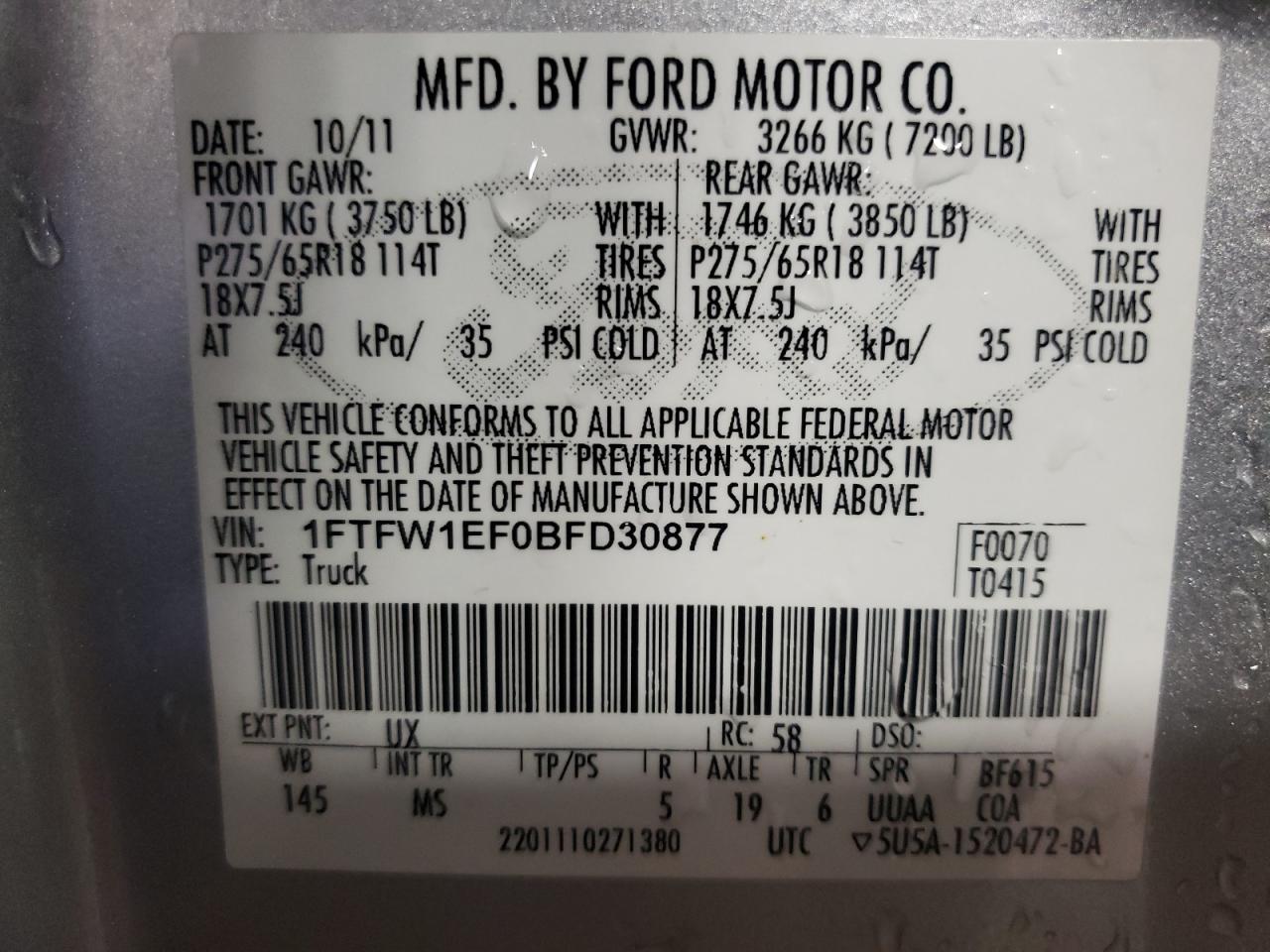 Photo 10 from auction – 2011 FORD F150 SUPER with VIN 1FTFW1EF0BFD30877