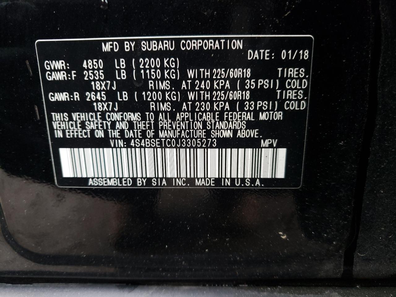 Photo 10 from auction – 2018 SUBARU OUTBACK TO with VIN 4S4BSETC0J3305273