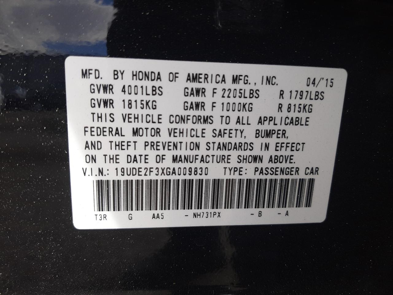 Photo 10 from auction – 2016 ACURA ILX BASE W with VIN 19UDE2F3XGA009830