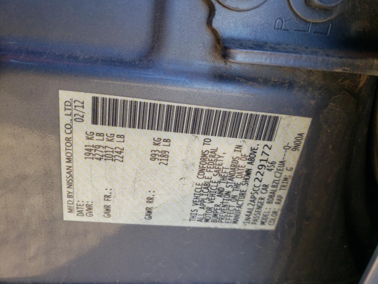 Photo 10 from auction – 2012 NISSAN ALTIMA BAS with VIN 1N4AL2AP5CC229172