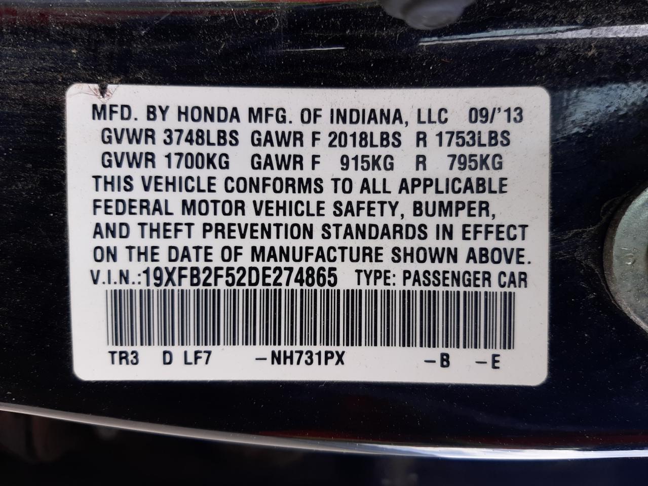 Photo 10 from auction – 2013 HONDA CIVIC LX with VIN 19XFB2F52DE274865