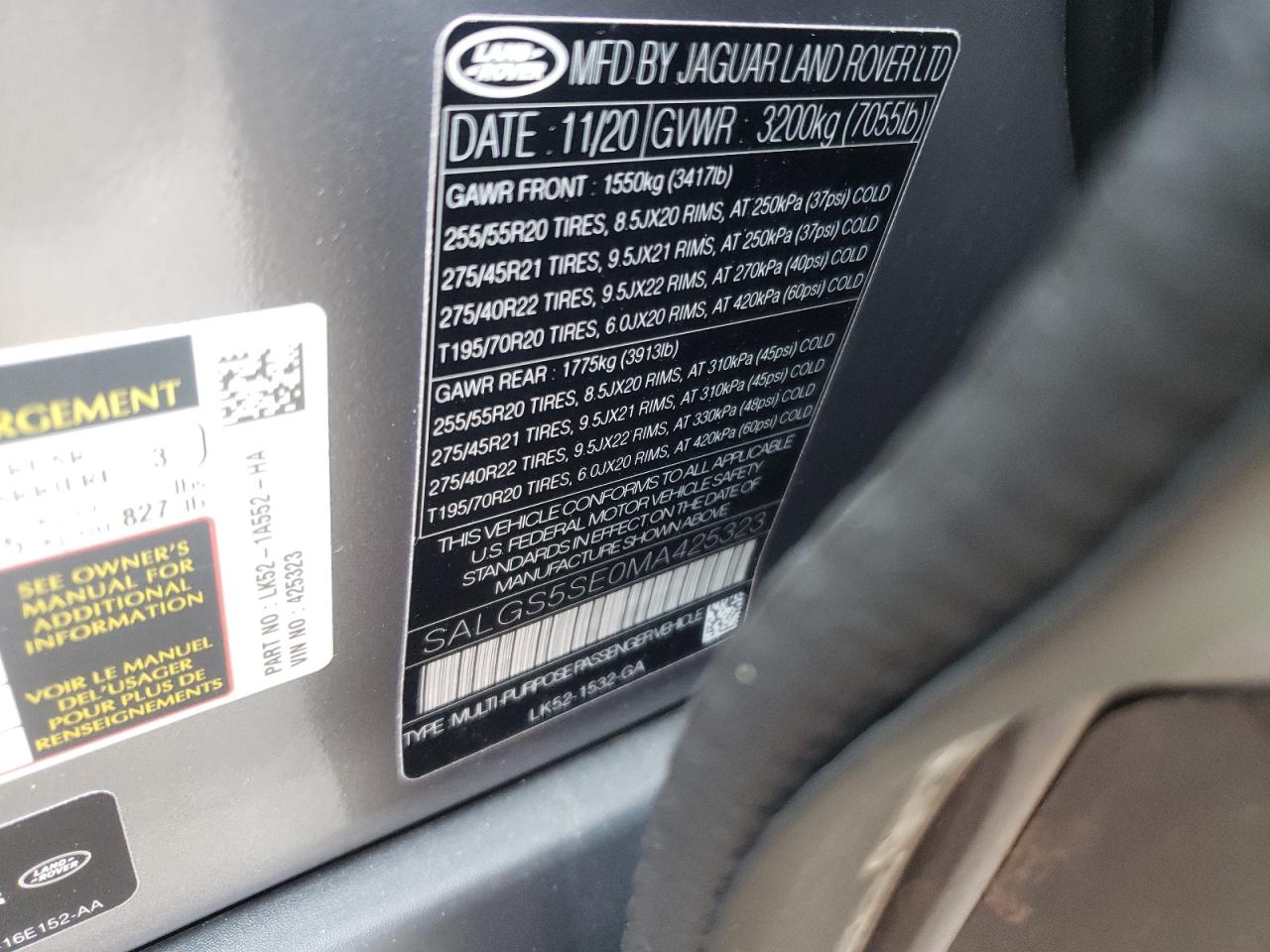 Photo 10 from auction – 2021 LAND ROVER RANGE ROVE with VIN SALGS5SE0MA425323