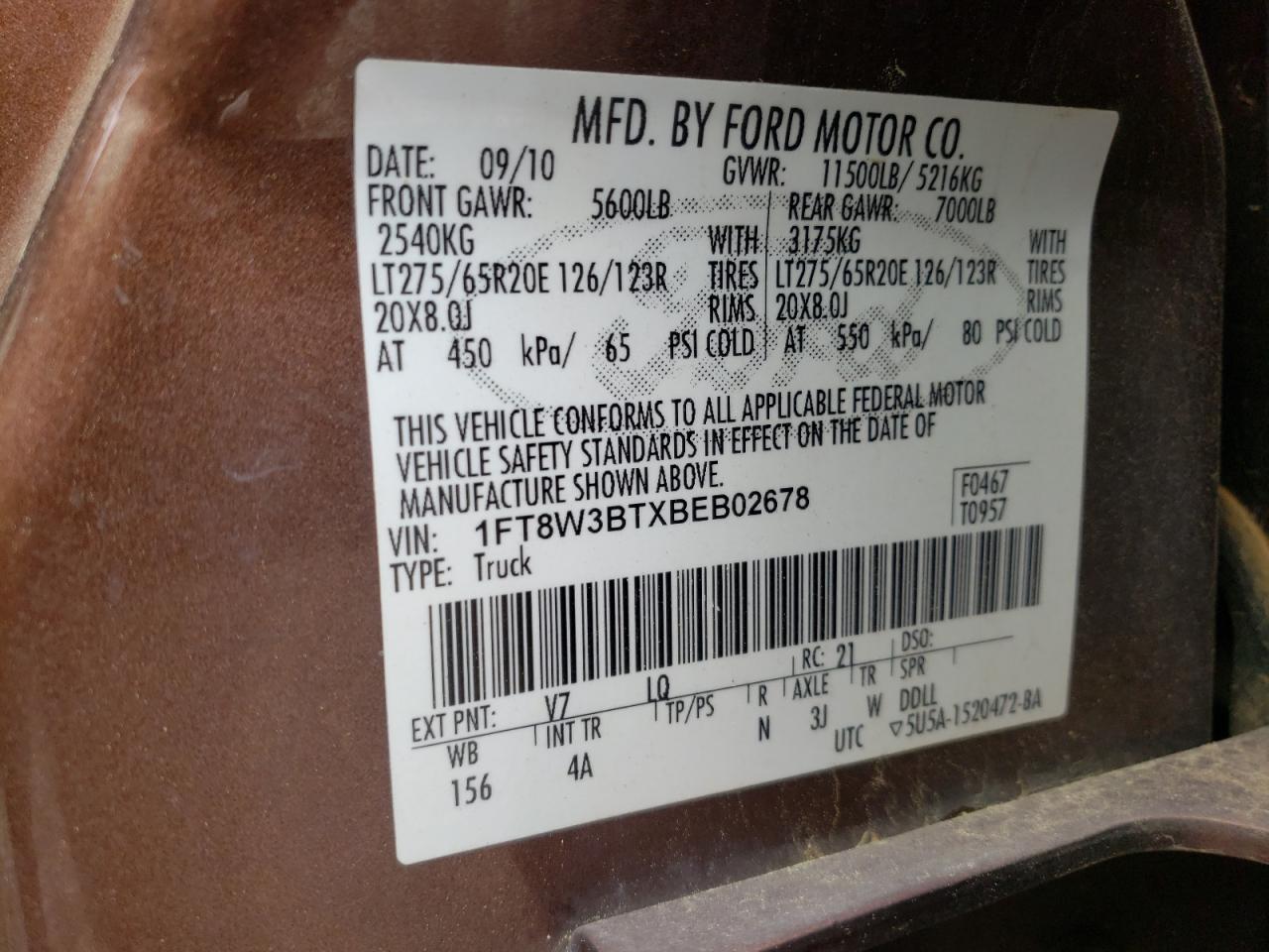 Photo 10 from auction – 2011 FORD F350 SUPER with VIN 1FT8W3BTXBEB02678