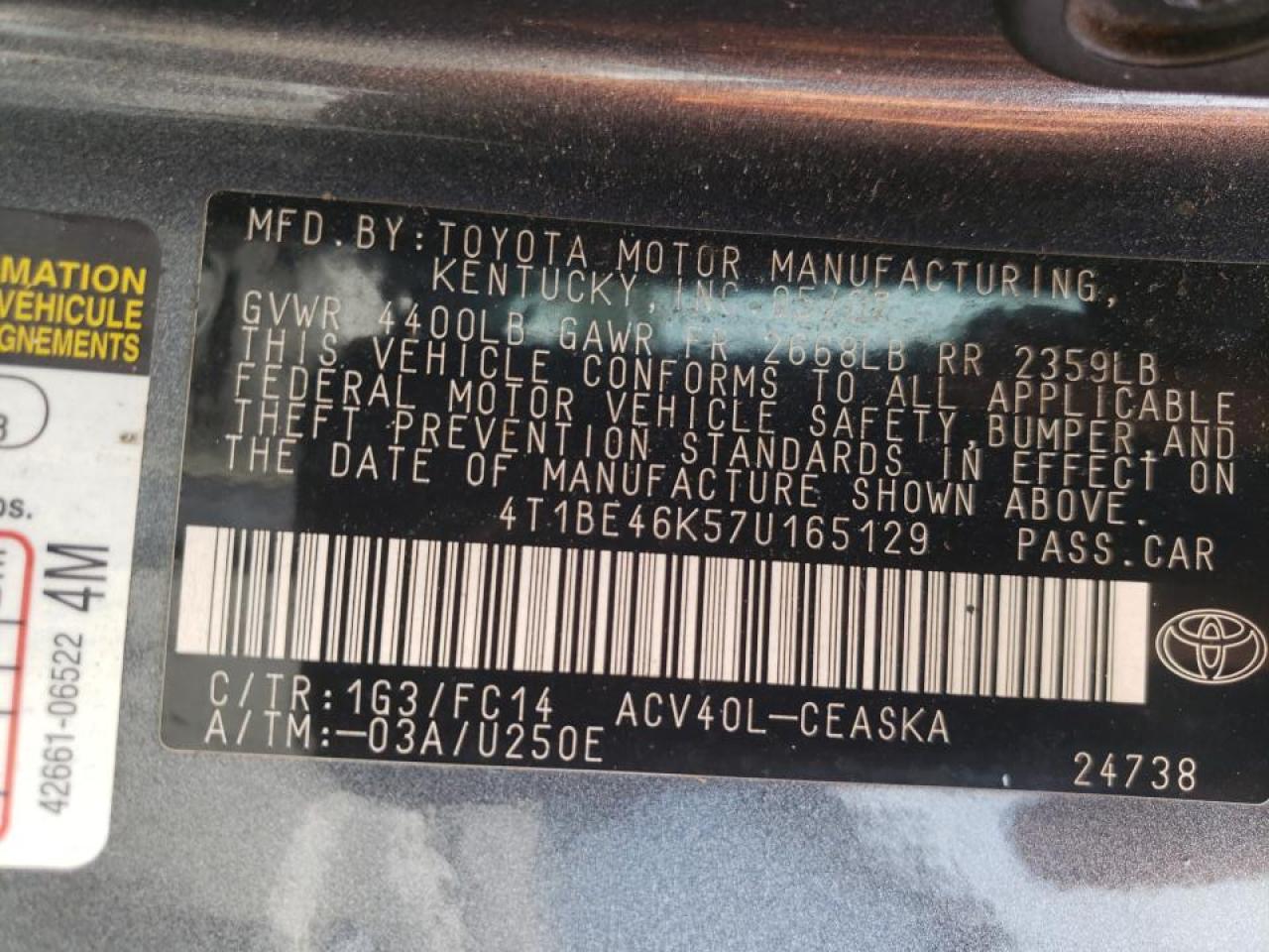 Photo 10 from auction – 2007 TOYOTA CAMRY CE with VIN 4T1BE46K57U165129