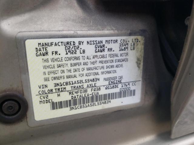 Photo 10 from auction – 2002 NISSAN SENTRA GXE with VIN 3N1CB51A52L554834