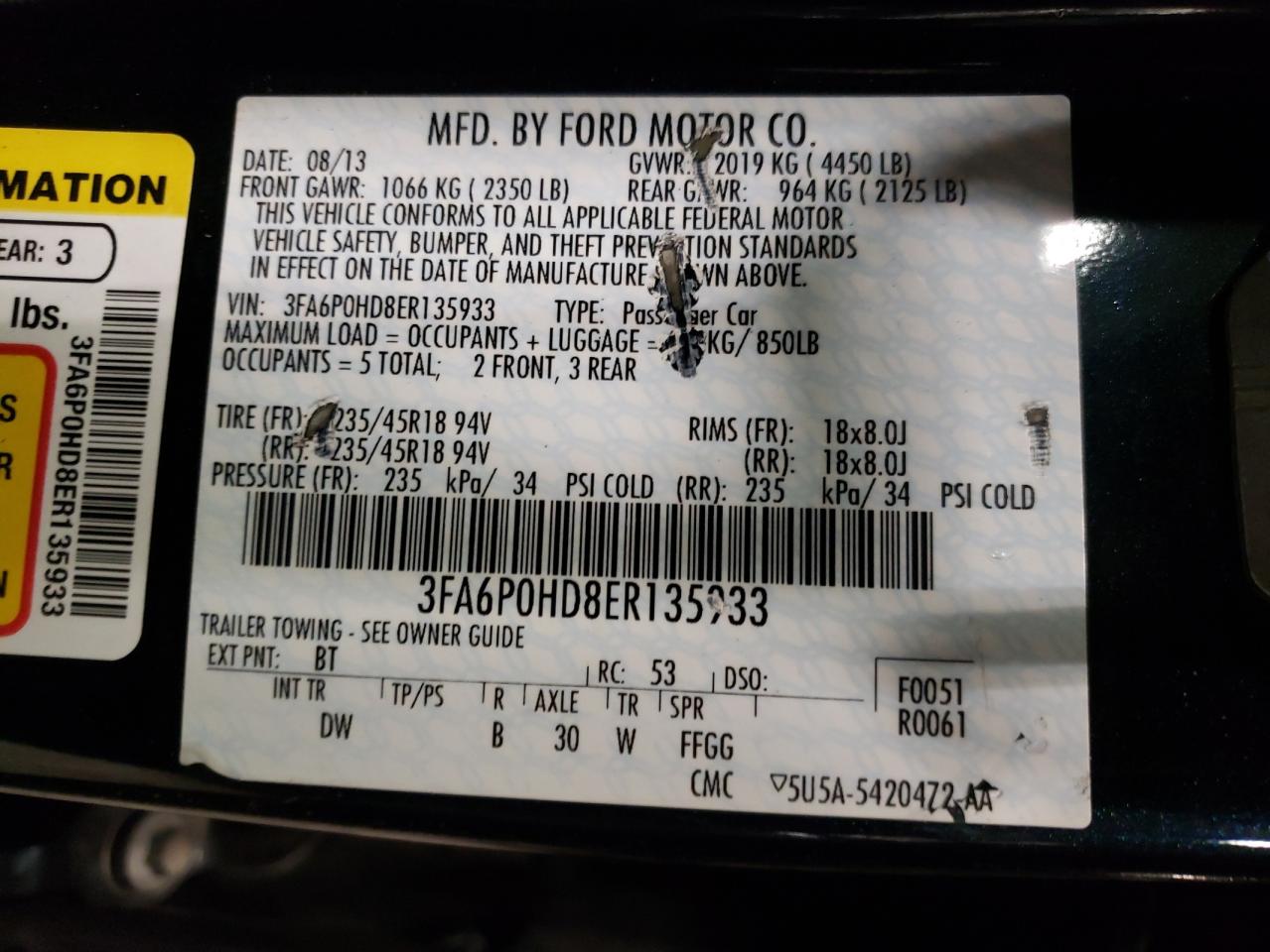 Photo 10 from auction – 2014 FORD FUSION SE with VIN 3FA6P0HD8ER135933