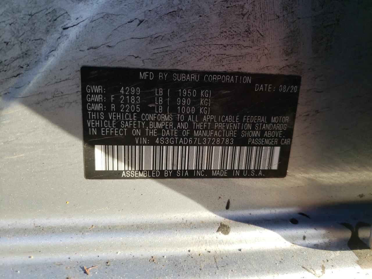 Photo 10 from auction – 2020 SUBARU IMPREZA PR with VIN 4S3GTAD67L3728783