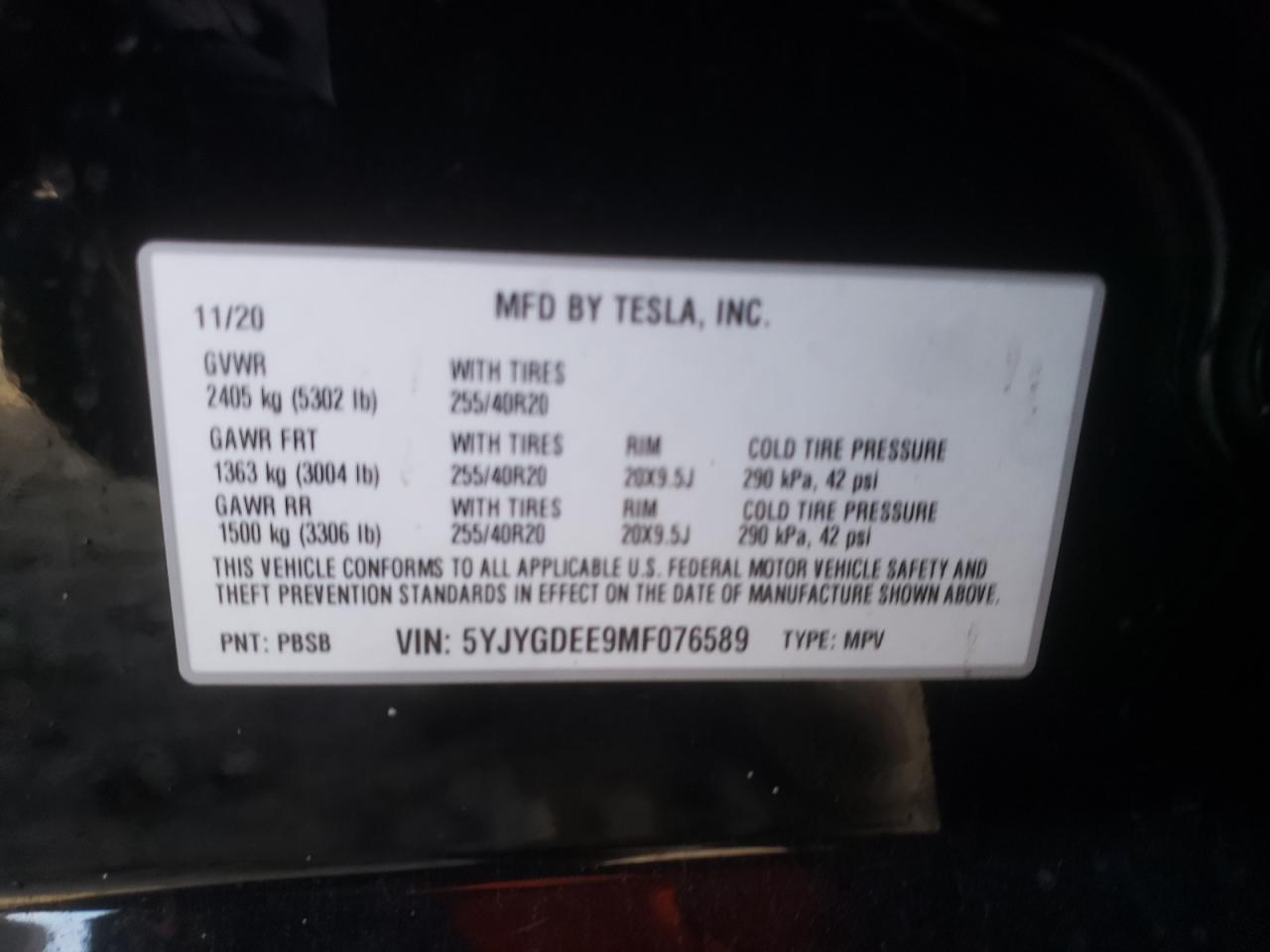 Photo 10 from auction – 2021 TESLA MODEL Y with VIN 5YJYGDEE9MF076589