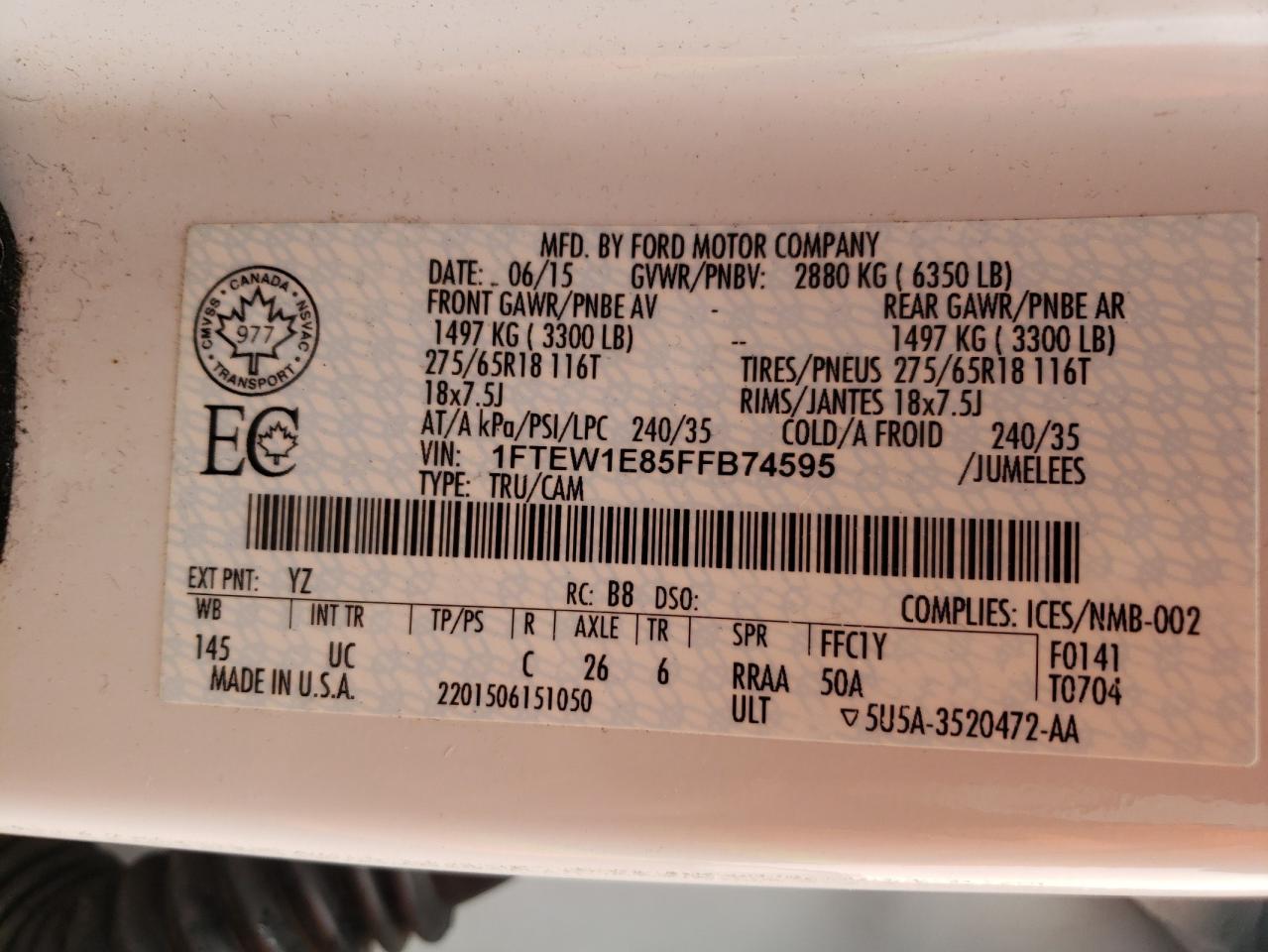 Foto 10 de la subasta – 2015 FORD F150 SUPER con VIN 1FTEW1E85FFB74595