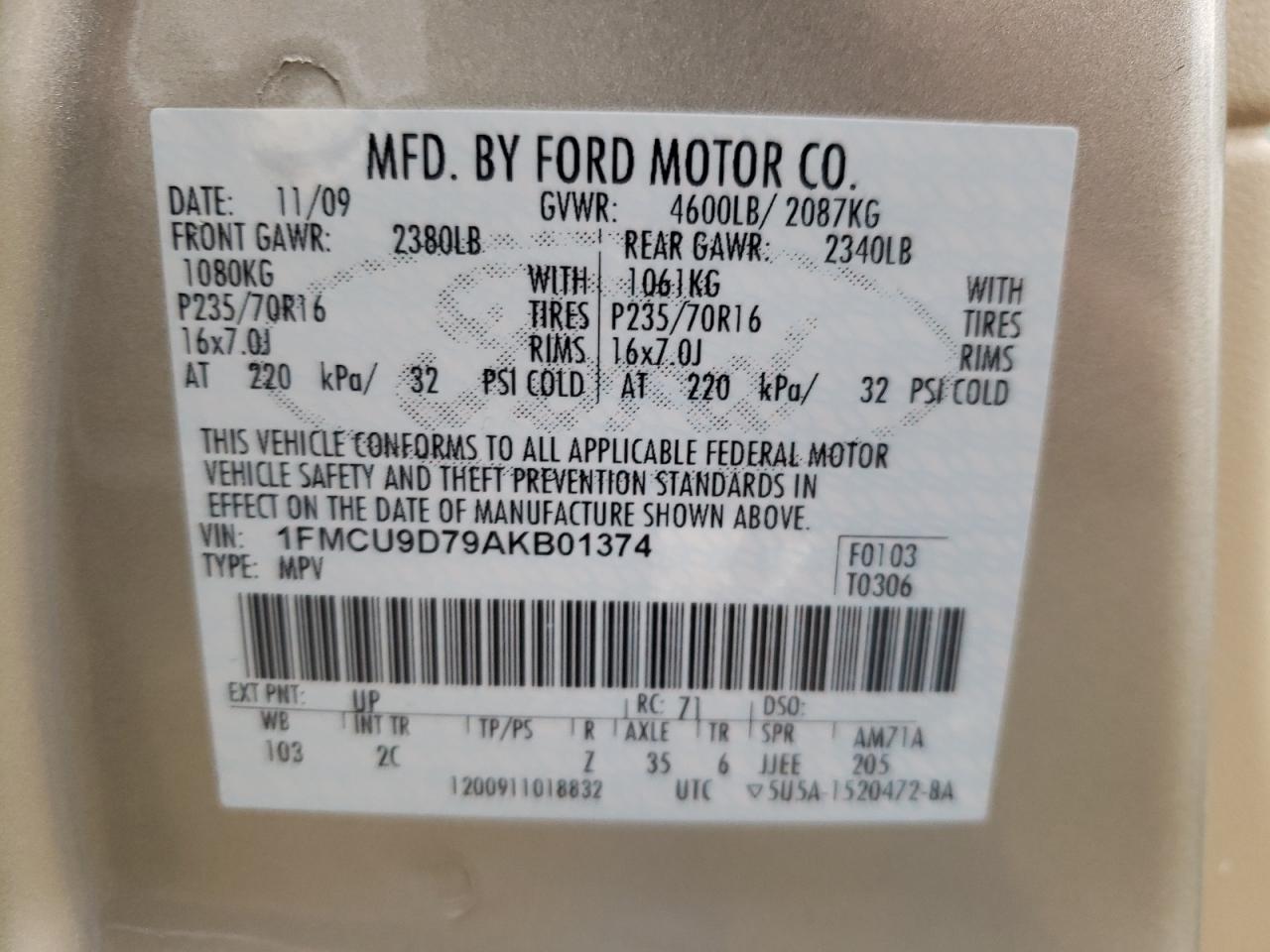 Photo 10 from auction – 2010 FORD ESCAPE XLT with VIN 1FMCU9D79AKB01374