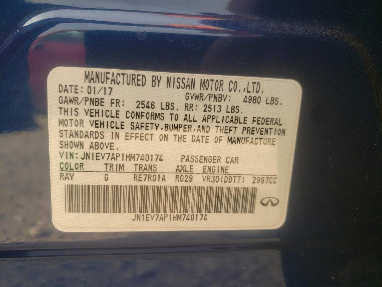 Photo 10 from auction – 2017 INFINITI Q50 PREMIU with VIN JN1EV7AP1HM740174
